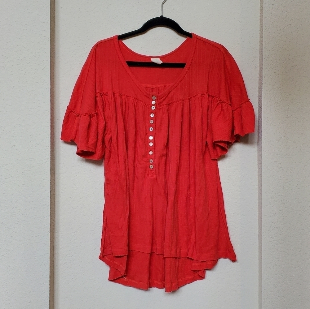 We The Free Womens Short Sleeve Top Oversized Side Slits Hi Low Red Boho Size S